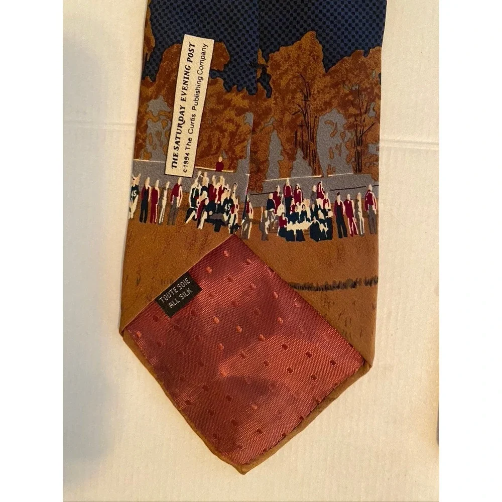 Norman Rockwell Mens Silk Tie Saturday Evening Post Vintage Football Brown Blue